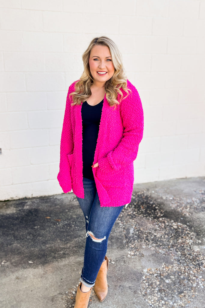 hot pink cardigan outfit