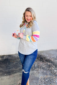 Colorful Saturday Stripe Sleeve Hoodie, Grey