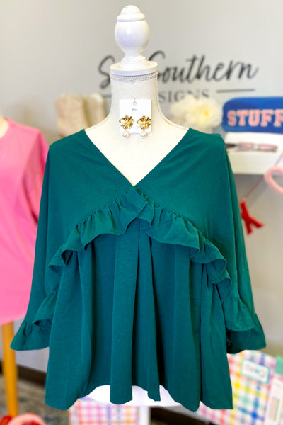 It Takes Time Ruffle Top, Forest Green