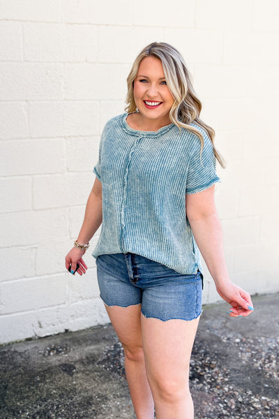 Aubrey Waffle Knit Top, Dusty Teal
