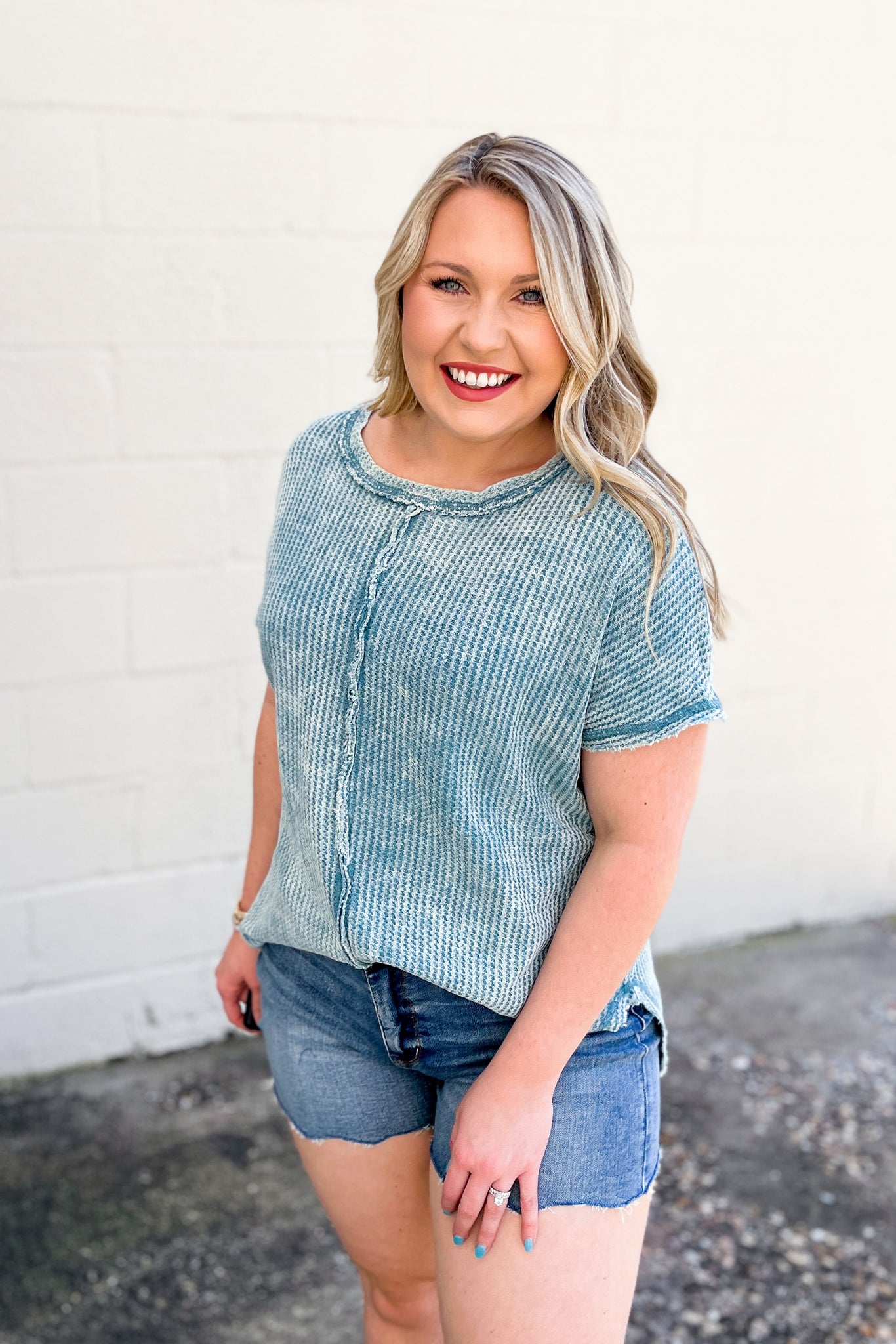 Aubrey Waffle Knit Top, Dusty Teal