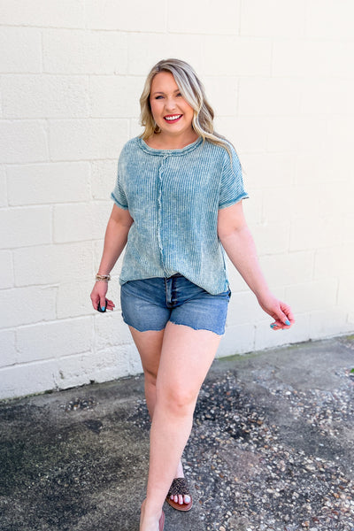 Aubrey Waffle Knit Top, Dusty Teal