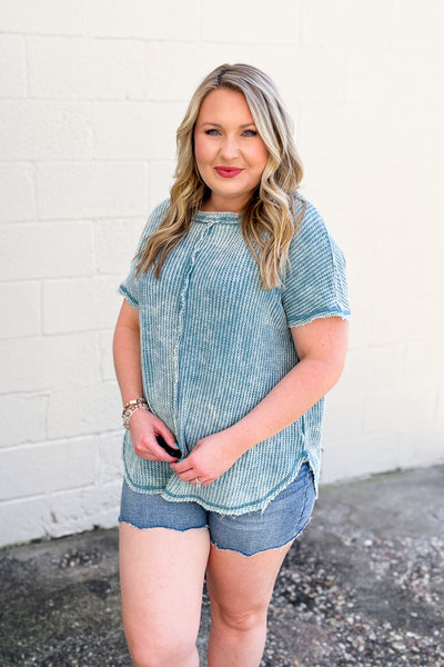 Aubrey Waffle Knit Top, Dusty Teal