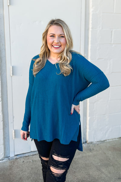DEAL | Holly V-neck Waffle Knit Tunic Pullover Top, Teal