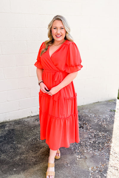 Absolutely Charmed Tiered Midi Dress, Deep Coral