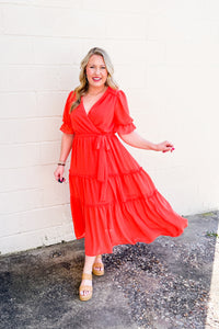 Absolutely Charmed Tiered Midi Dress, Deep Coral