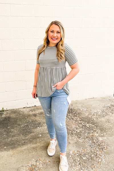 RESTOCK | Back To The Stripes Babydoll Top, Sage/Ivory