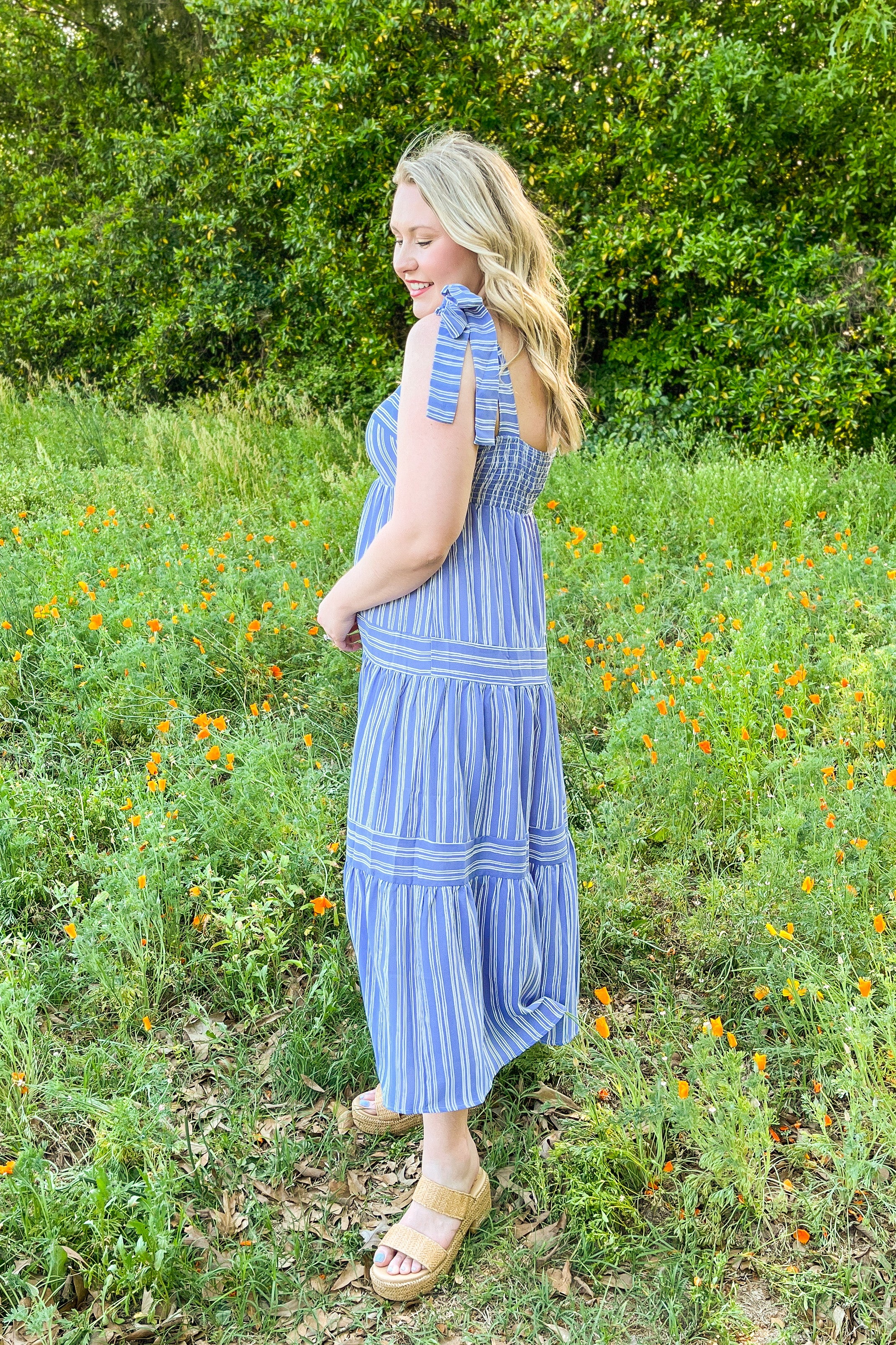 Walking By You Striped Midi Dress, Blue/White