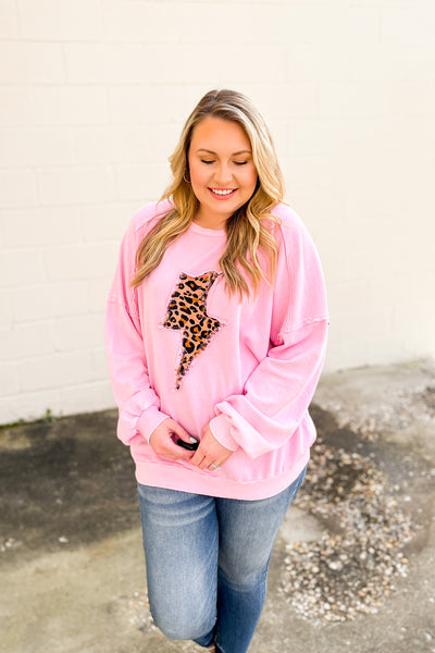 Feeling Edgy Leopard Lightning Bolt Pullover, Bubble Gum