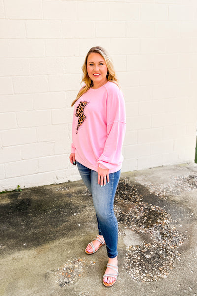 Feeling Edgy Leopard Lightning Bolt Pullover, Bubble Gum