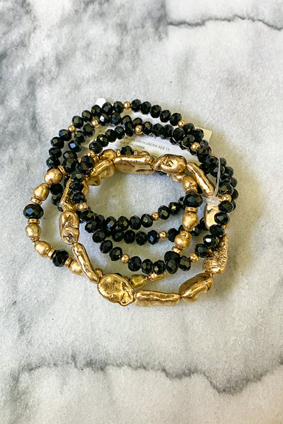 Set of 5 Beaded Stretch Bracelet with Gold Tone Beads