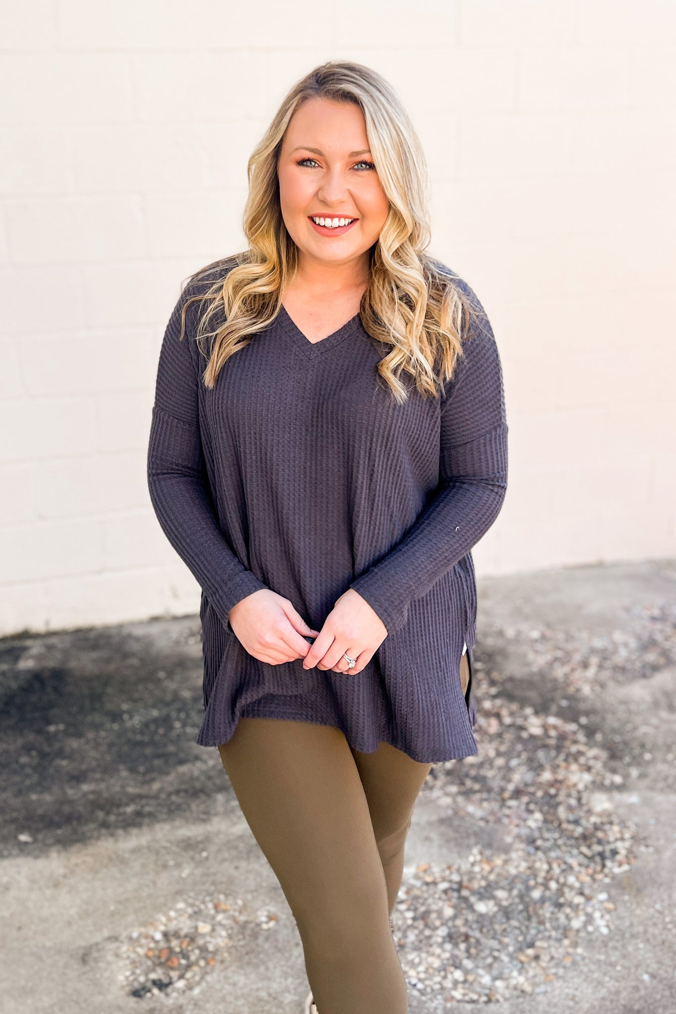 DEAL | Holly V-neck Waffle Knit Tunic Pullover Top, Ash Grey