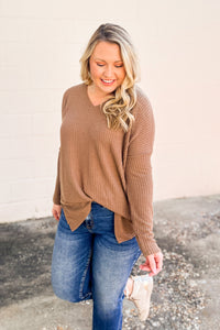 DEAL | Holly V-neck Waffle Knit Tunic Pullover Top, Mocha