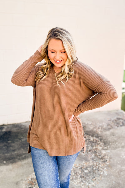 DEAL | Holly V-neck Waffle Knit Tunic Pullover Top, Mocha