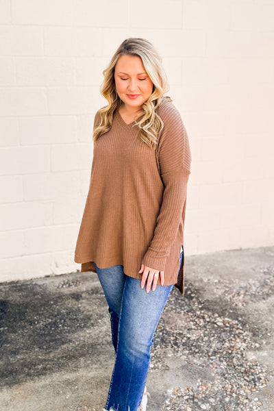 DEAL | Holly V-neck Waffle Knit Tunic Pullover Top, Mocha
