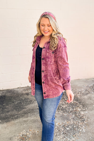 Waverly Acid Wash Button Shacket, Plum