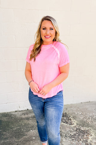 Sarah Raglan Short Sleeve Top, Neon Pink