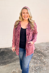 Waverly Acid Wash Button Shacket, Plum