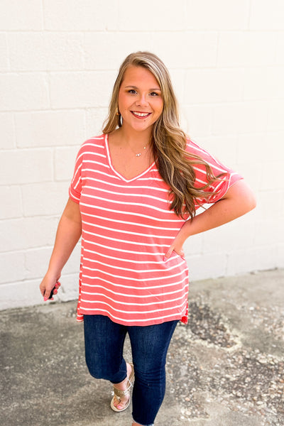 DEAL | Shannon Striped Top, Deep Coral