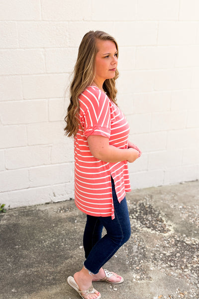 DEAL | Shannon Striped Top, Deep Coral