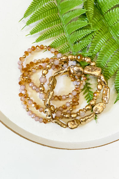 Set of 5 Stretch Bracelets, Gold & Coral