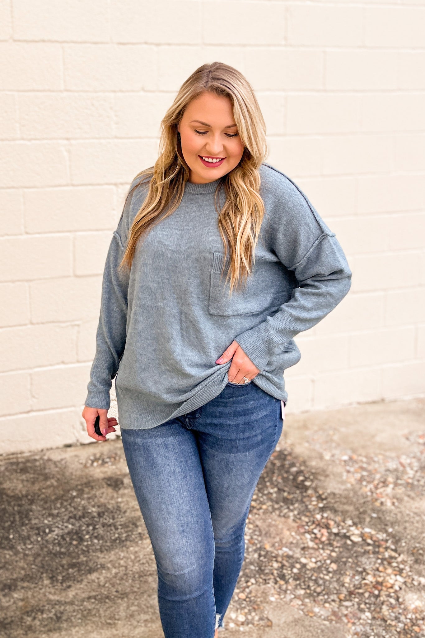 All About Cozy Sweater Pocket Top, Blue Grey