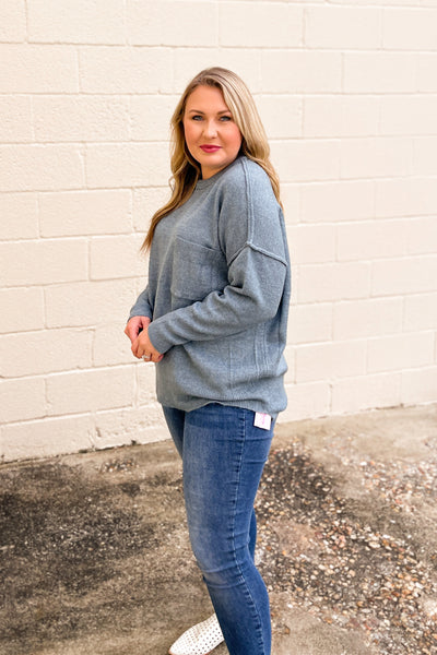 All About Cozy Sweater Pocket Top, Blue Grey