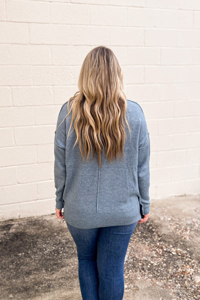 All About Cozy Sweater Pocket Top, Blue Grey