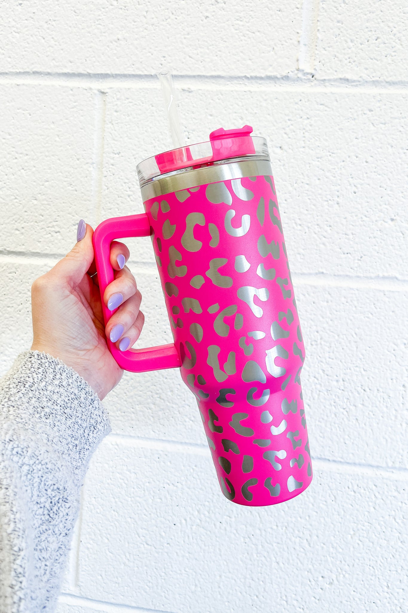 Sippin' Pretty Hot Pink Leopard 40 oz Drink Tumbler With Lid And