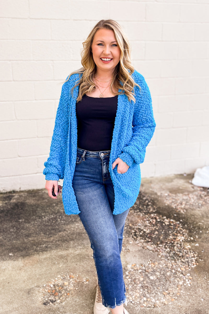 Gina Popcorn Cardigan, Deep Sky Blue Sew Southern Designs