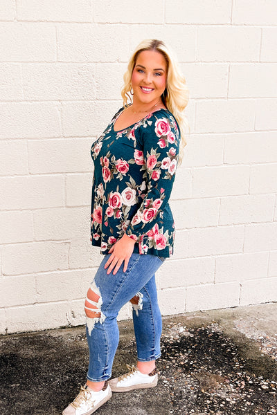 Right On Time Floral Top, Hunter Green