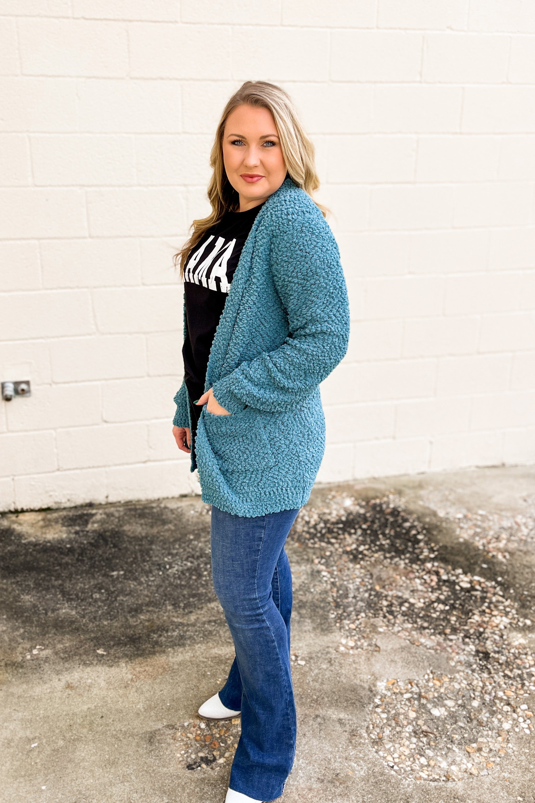 Gina Popcorn Cardigan, Dusty Teal