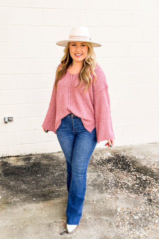SALE | Beaming Heart Popcorn Sweater Top, Mauve Pink