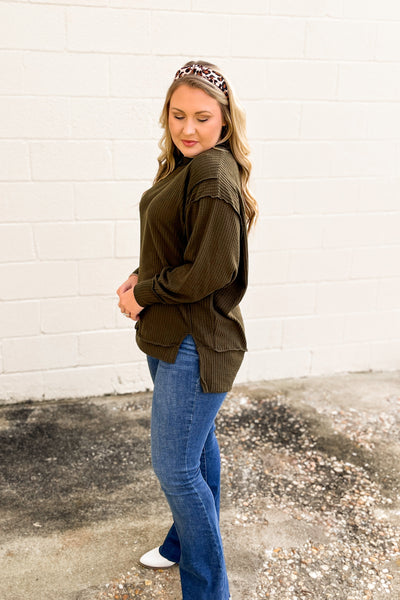 Jess Oversized Waffle Knit Pullover Top, Olive