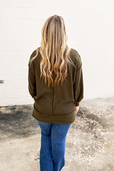 Jess Oversized Waffle Knit Pullover Top, Olive