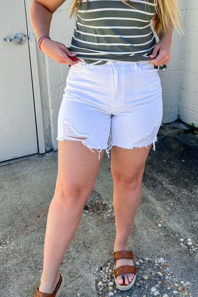 Jamey Distressed Mid-Thigh Shorts, White