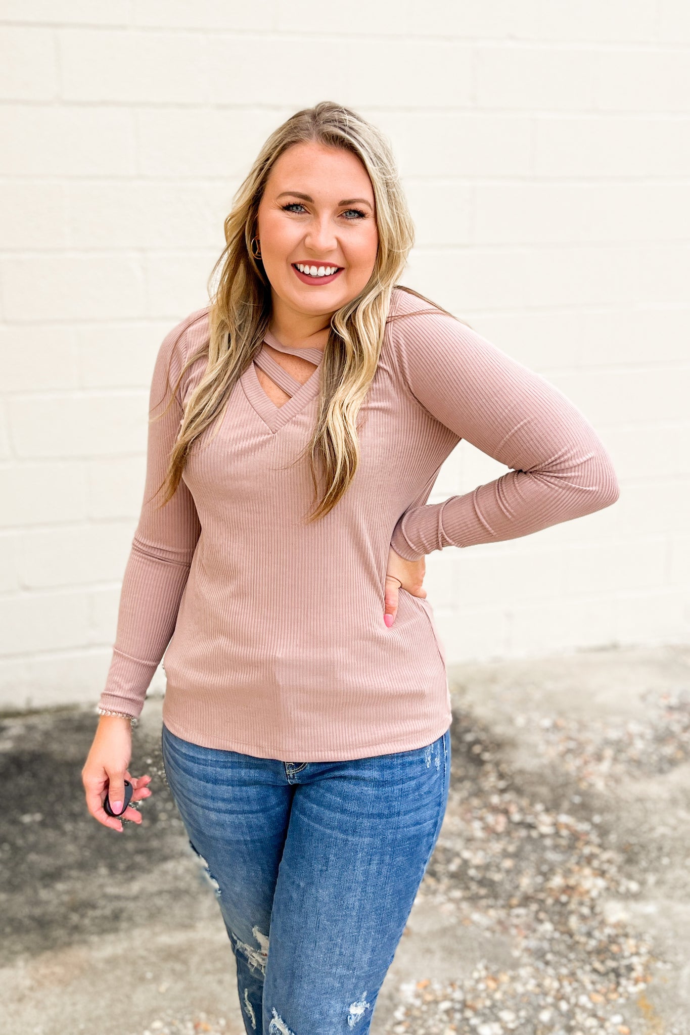 Simple Criss Cross Ribbed Top, Taupe