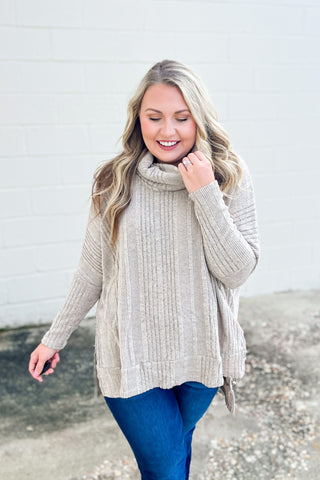Embrace The Joy Ribbed Cowl Neck Sweater, Sand