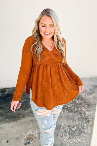 Think About It Waffle Knit Babydoll Top, Camel