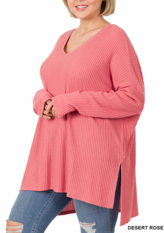 DEAL | Holly V-neck Waffle Knit Tunic Pullover Top, Desert Rose