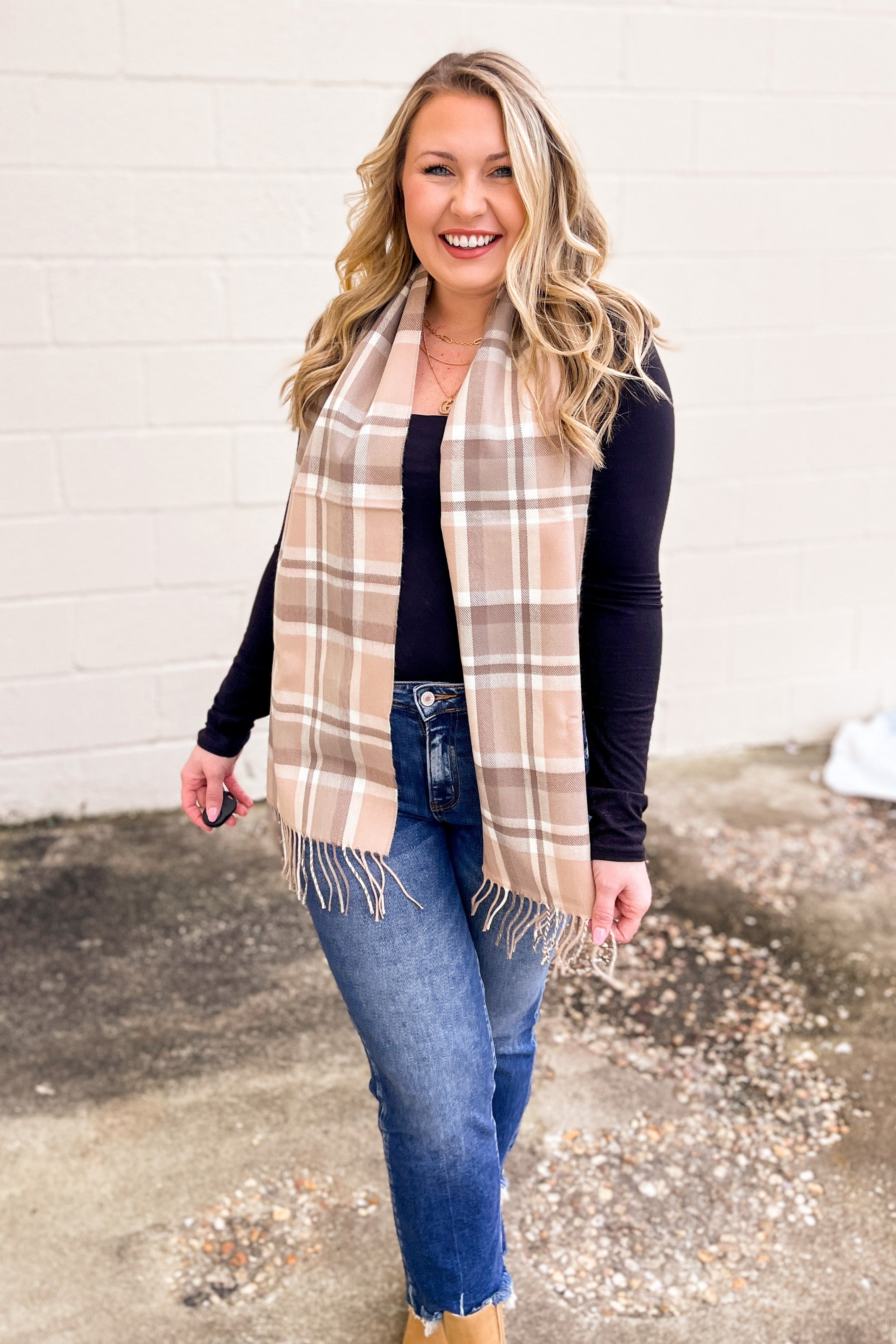 Plaid Ultra Soft Scarf With Fringe, Beige