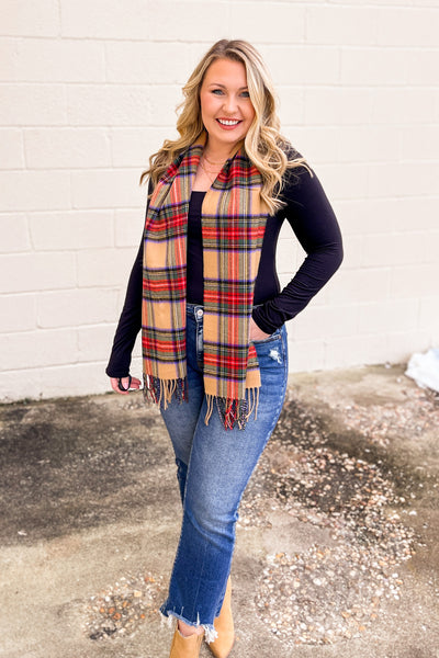 Plaid Ultra Soft Scarf With Fringe, Tan/Red